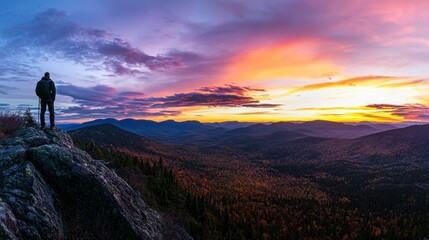 Fototapeta premium A hiker standing on a peak, admiring the expansive view of mountains under a vibrant sunset sky.