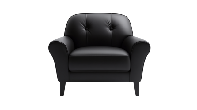 Modern black accent chair, stylish armchair with sleek design isolated on transparent background, perfect for contemporary interior decor in living rooms or offices, png image.