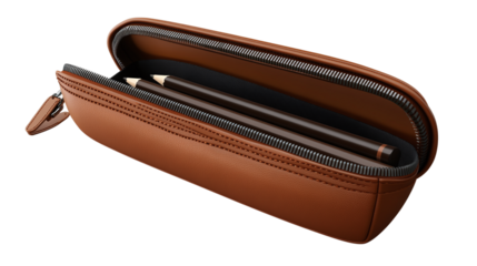 Opened brown pencil case png with transparent background, stationery organizer for school or office supplies, stylish and functional design.