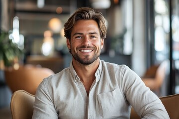 Obraz premium Smiling businessman sitting in a modern office, looking confident, positive energy, professional success, entrepreneur mindset