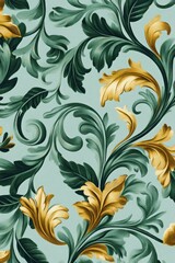 Elegant, ornate floral pattern with dark green and gold leaves on a light teal background.