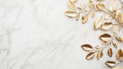 Elegant Gold Foil Leaves Design on Marble Texture, with Space for Custom Text and Branding Use in Invitations or Marketing Materials