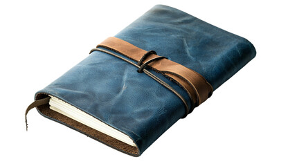 Traveler's notebook with blue leather cover for documenting adventures, journals, and memories in high-resolution png format with white background for easy integration into digital and print pro.