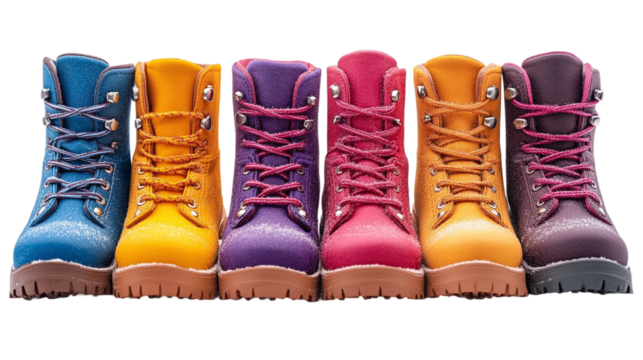Snow boots in different colors and styles isolated on transparent background.
