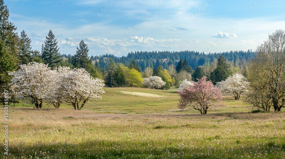 Poster a horizon filled with blooming cherry trees, transitioning into a forested area.