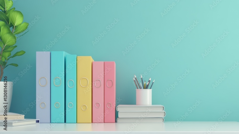 Aufkleber organized stack of colorful document folders on a white desk, symbolizing structured management