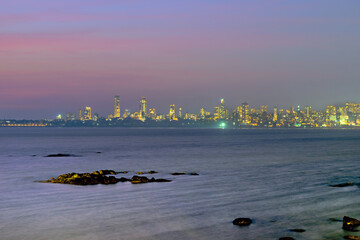 Evening view of famous Mumbai skyline along Marine Drive, Mumbai, India.