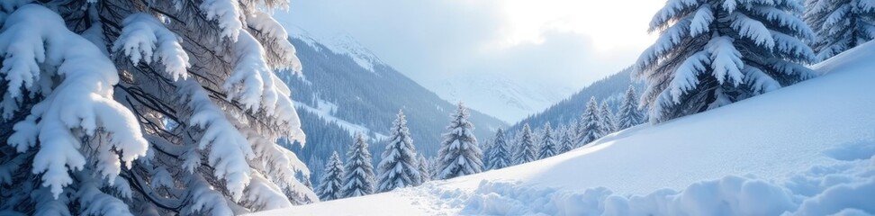 Fototapeta premium Snow-encrusted tree trunks on the mountain slope, frosty branches, snowy trees