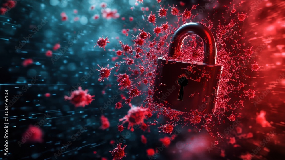 Poster padlock icon collapsing as red digital viruses break through, cyber vulnerability visualization