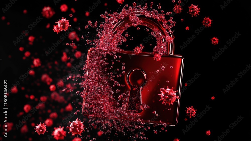 Poster padlock icon collapsing as red digital viruses break through, cyber vulnerability visualization