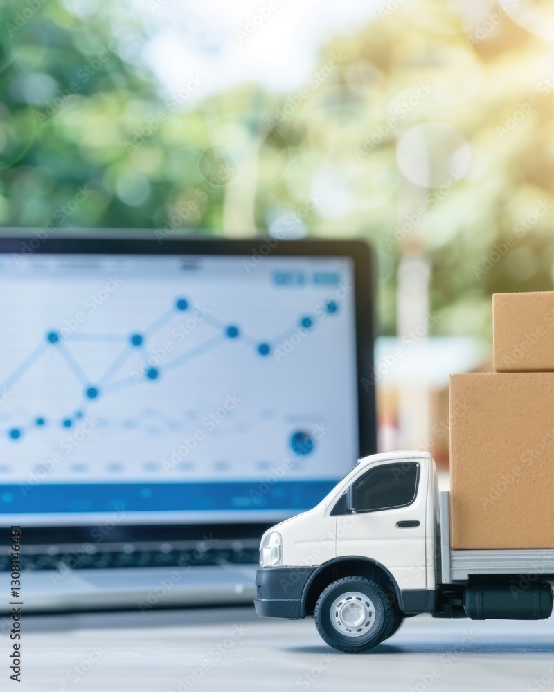 Poster a miniature truck loaded with boxes in front of a laptop displaying a data chart, symbolizing logist
