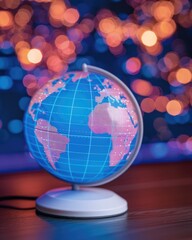 A glowing globe on a base, with blue oceans and pink continents, set against a blurred, colorful bokeh background.