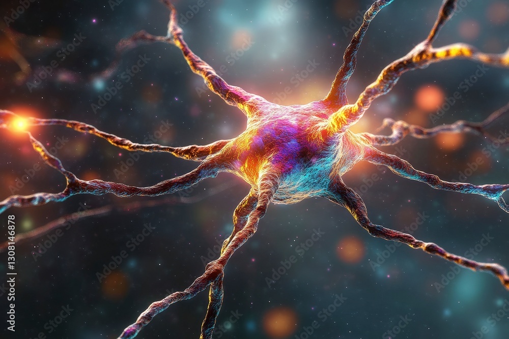 Poster stunning close-up view of a colorful neuron cell with intricate dendrites and axon extensions