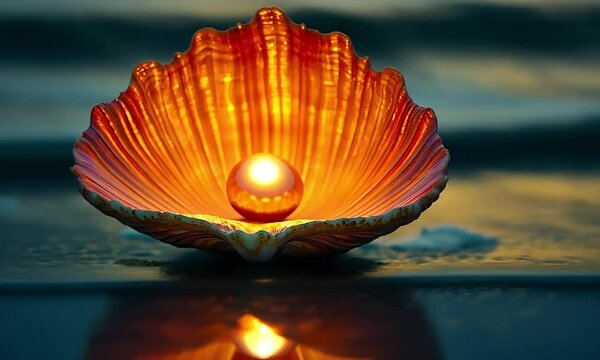 Mutiara emas dalam cangkang kerang memantulkan cahaya matahari terbenam di latar belakang pantai yang tenang.