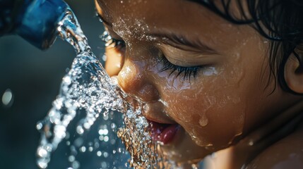 Fototapeta premium A close-up of a child tilting their head to drink directly from a water tap, with droplets splashing around. The scene captures a sense of innocence and thirst-quenching freshness.