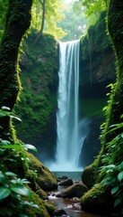 Tropical forest waterfall with vines and moss, moss, forest