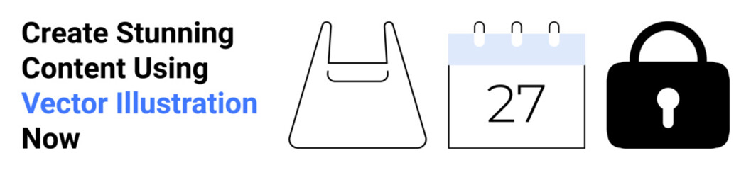 Black and white shopping bag, calendar with date, and padlock icon. Ideal for online shopping, e-commerce security, time management, scheduling apps, privacy tools, retail flat landing page banner