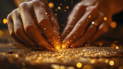 A jeweler hands delicately setting gemstones into a gold ring, with fine tools and gold dust scattered around. The image conveys the meticulous process of fine gold jewelry creation.