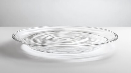 Perfectly round transparent droplet creating a ripple in water, clean and minimal, white background