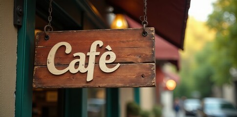 Vintage wooden cafe shop sign with rustic design, wooden, cafe