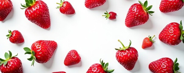 Vivid red and pink strawberry pattern with green leaves on white background, texture, seamless, summer