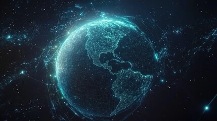 Obraz premium Planet Earth in cosmic darkness, glowing with blue and green lights, surrounded by a web of digital connections