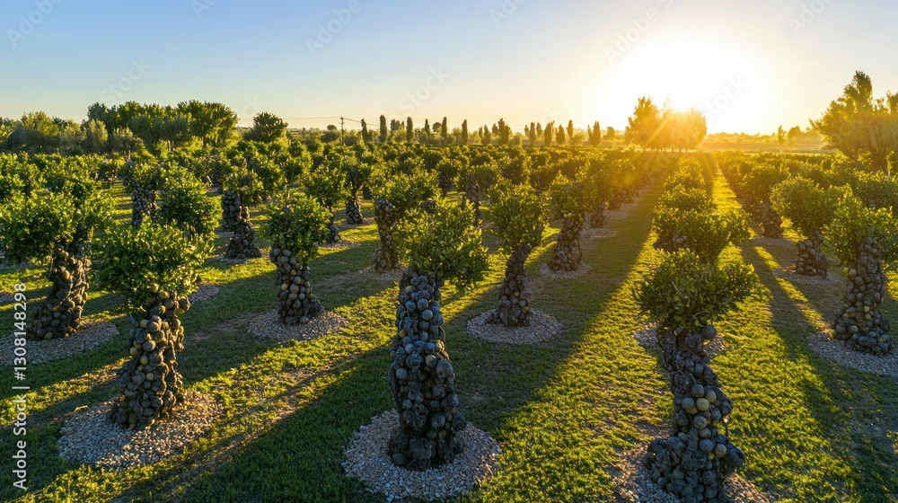 Poster a lemon orchard with rows of trees heavy with fruit in the summer sun.