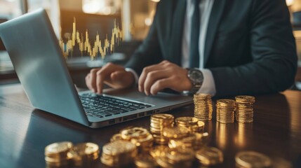 A businessman analyzing a gold price chart on a laptop, with gold bars and coins neatly arranged on his desk. The warm lighting emphasizes the stability and potential of gold investment.
