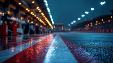 Fototapeta premium Wet racetrack pit lane at night with blurred background lights