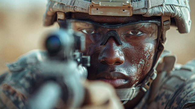 Close-up of a soldier aiming through a rifle scope, his face covered in sweat and dirt. His intense gaze and firm grip reflect focus, determination, and resilience in a combat environment