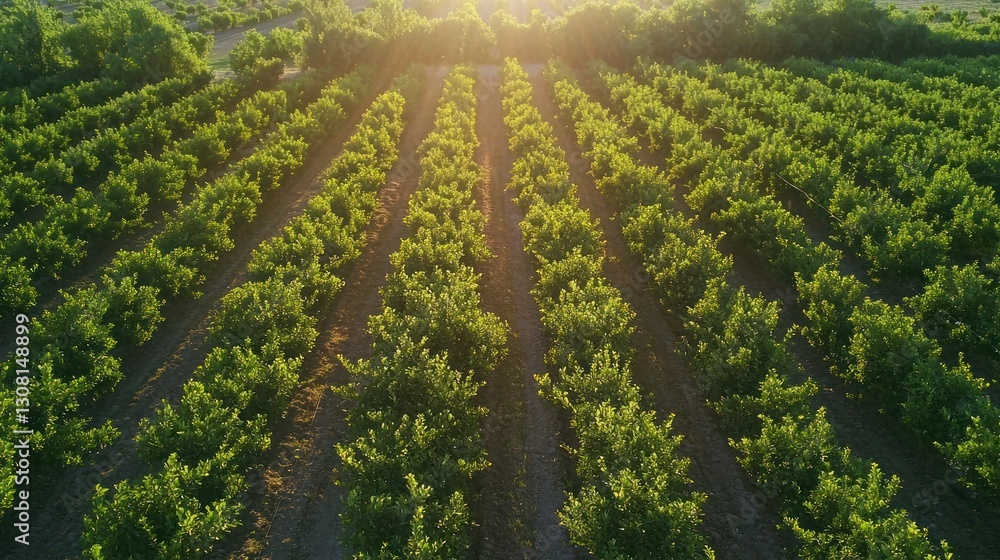 Poster a lemon orchard with rows of trees heavy with fruit in the summer sun.