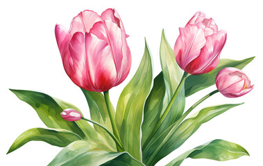 Obraz premium Watercolor pink tulip flower illustration with a single bloom and vibrant green leaves