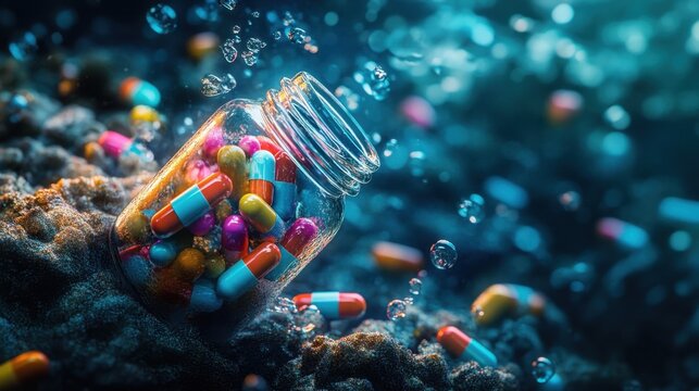 Prescription medication bottle sinking underwater, colorful capsules drifting around in a mysterious deep-sea setting.