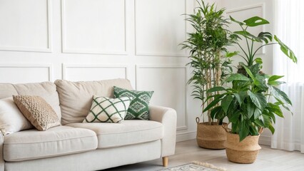 Modern Living Room Interior Design: Cozy Sofa, Plants, White Walls - Bright & Airy Space