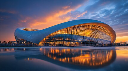 Obraz premium Spectacular Modern Stadium at Sunset with Reflective Water Features