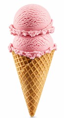 Pink strawberry ice cream scoops served on a crispy waffle cone isolated on white background

