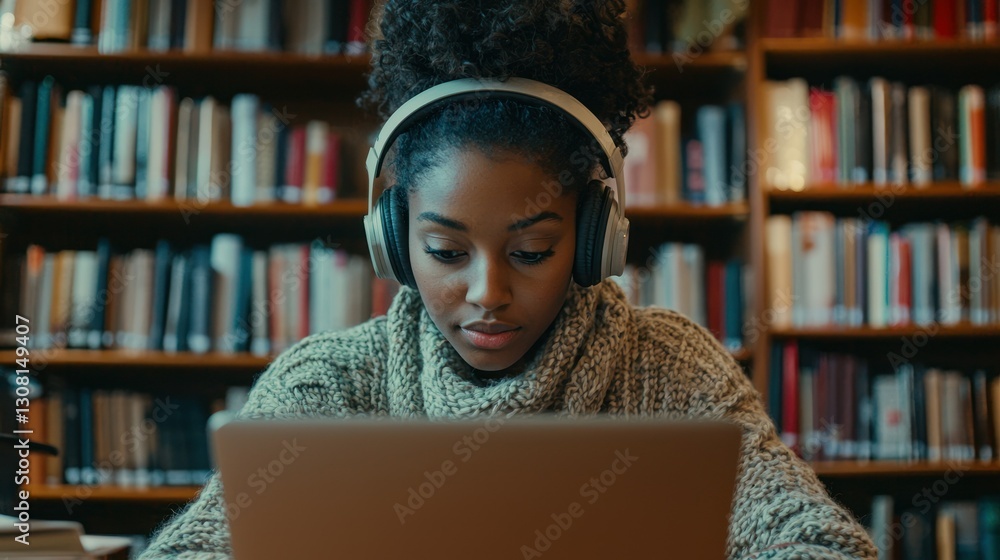 Poster A library scene with a person listening to a podcast while working on a laptop