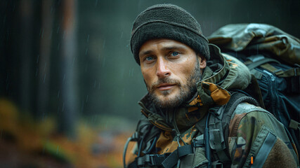 Obraz premium Rugged survivalist in camouflage gear with a backpack, trekking through a rainy forest, looking focused and determined in the wilderness