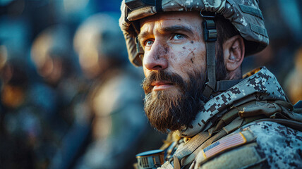Battle-hardened soldier with a beard and dirt on his face, wearing tactical gear and a helmet, standing among comrades with a determined and focused expression