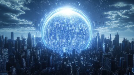 Sci-fi concept of a blue holographic city skyline surrounding a radiant globe, futuristic digital world