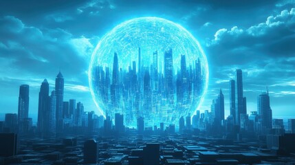 Sci-fi concept of a blue holographic city skyline surrounding a radiant globe, futuristic digital world