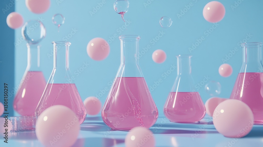 Poster science experiment setup with laboratory flasks filled with pink fluids on a modern blue background.