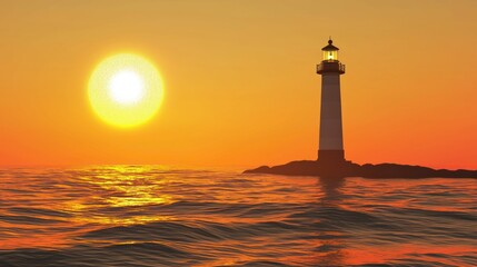 A lighthouse standing tall on the shore, framed by the warm hues of a sea sunset