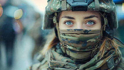 Female soldier with piercing blue eyes wearing a camouflage helmet and face covering, staring intensely