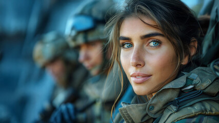 Close-up portrait of a female soldier with blue eyes, wearing a military uniform and tactical gear. She looks confident and determined, with fellow soldiers blurred in the background