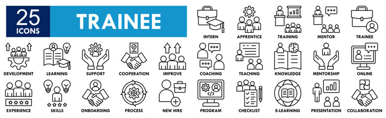 Trainee icon collection set. Containing design trainee, professional, work, business, employee