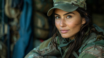 Close-up portrait of a female soldier wearing a camouflage cap and uniform. She has a confident and calm expression, with brown eyes and slightly tousled hair