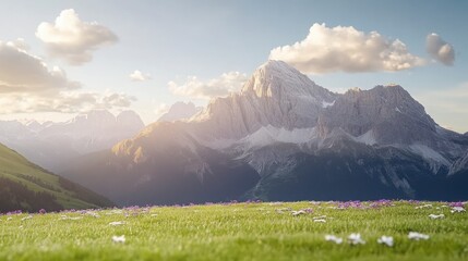 Fototapeta premium Serene Mountain Landscape with Blooming Wildflowers at Sunset