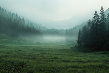 Panoramic Swiss Alps landscape with fog-covered pine forests and emerald meadows in alpine valley, environmental branding backdrop.