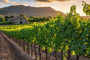 A scenic vineyard with lush grapevines thrives under warm sunlight. A rustic stone building complements rolling hills, embodying beauty in agriculture and wine production.